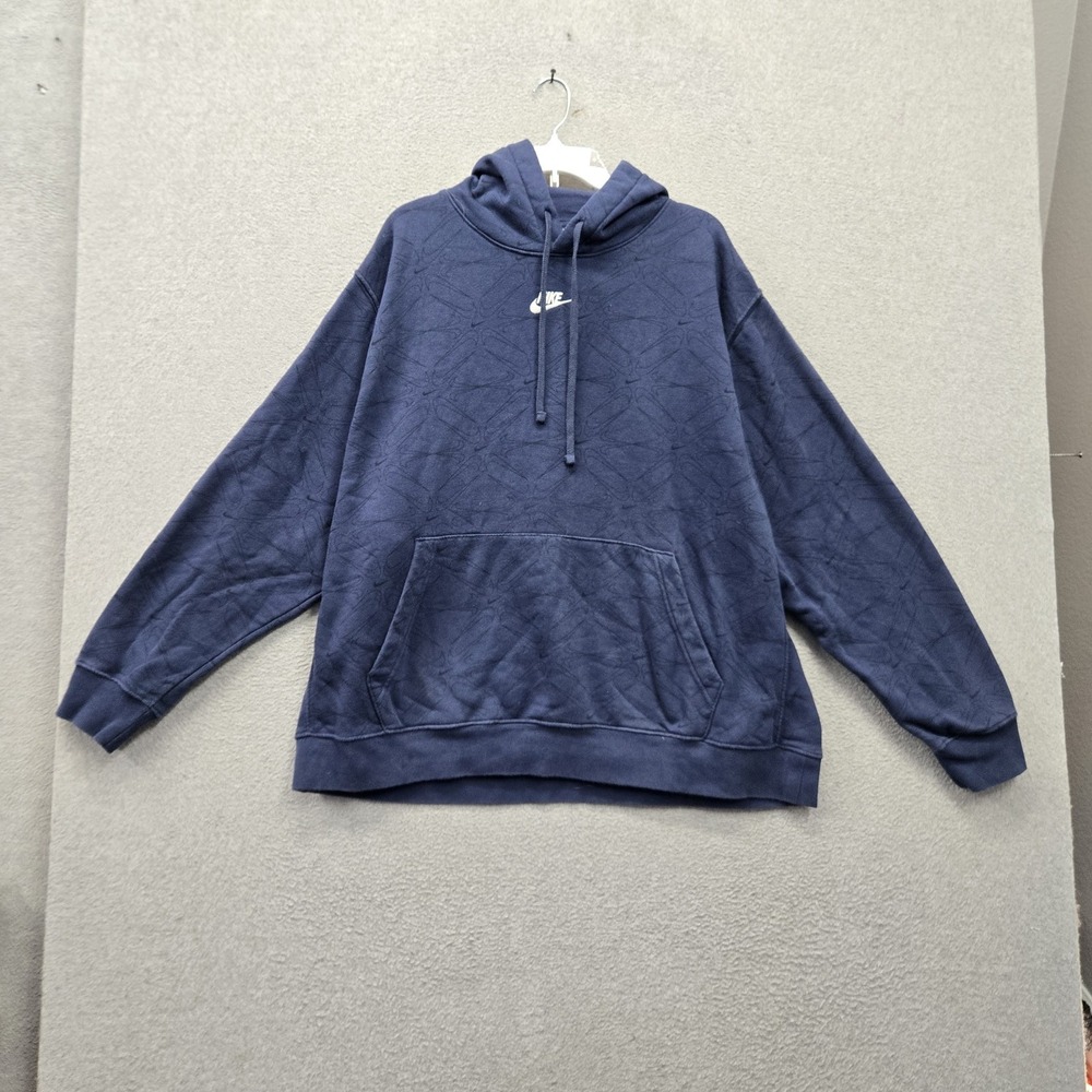 Nike Men Hoodie 2XL Navy Blue Geometric Swoosh Allover Print Embroidered Fleece